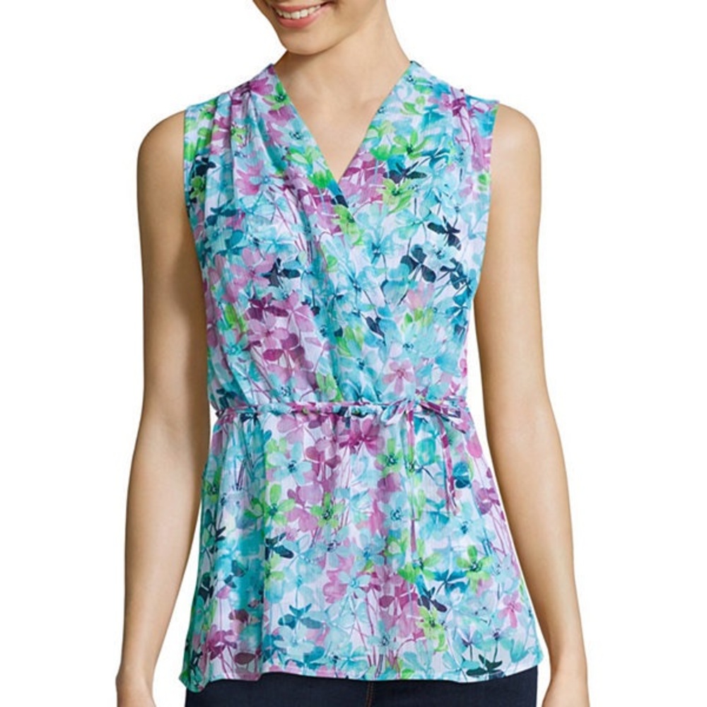 St. John’s Bay Floral Faux Wrap Sleeveless Tank Top Blue Purple Petite Large